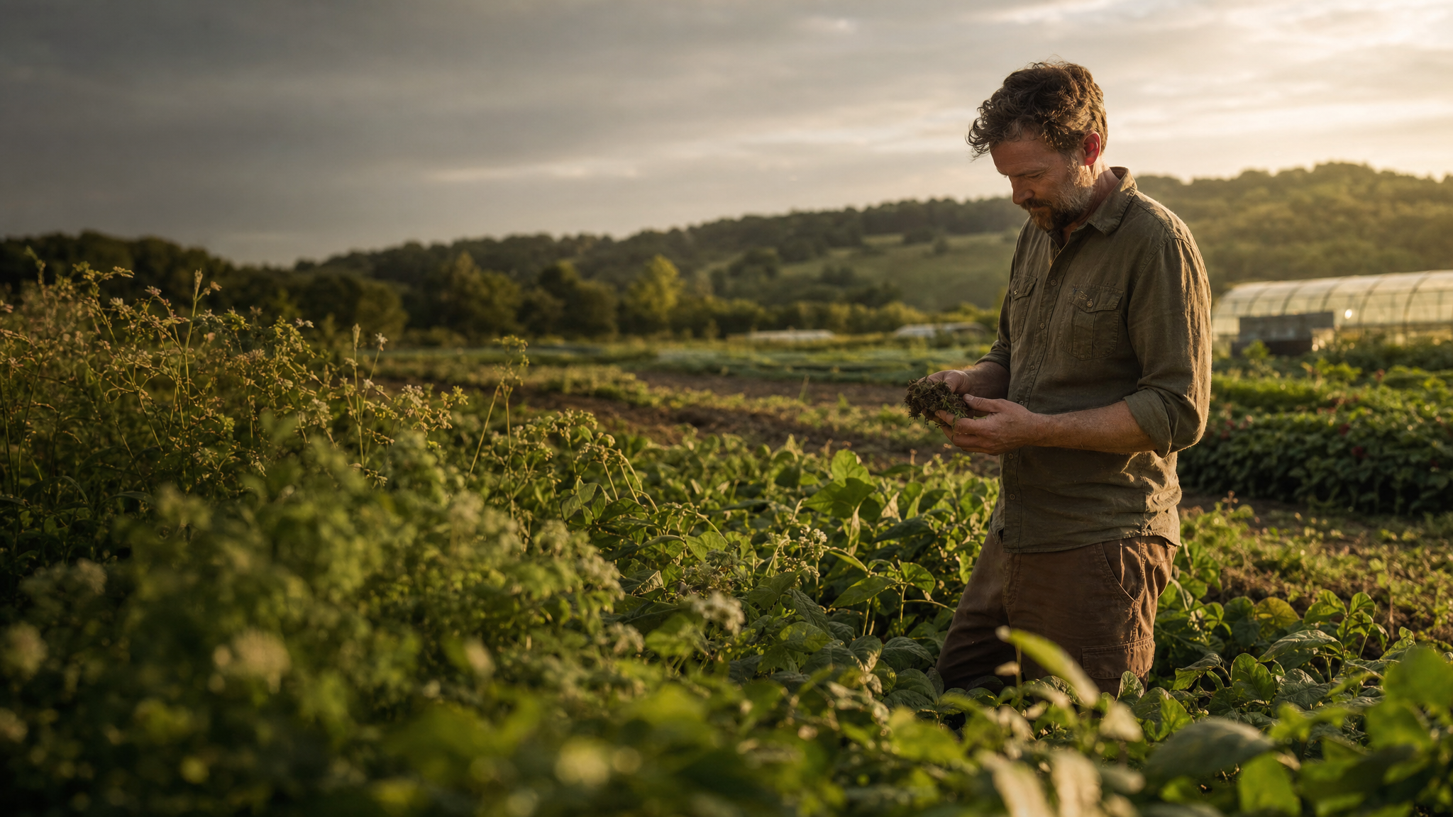A farmer examines healthy soil and crops in a regenerative field at golden hour.