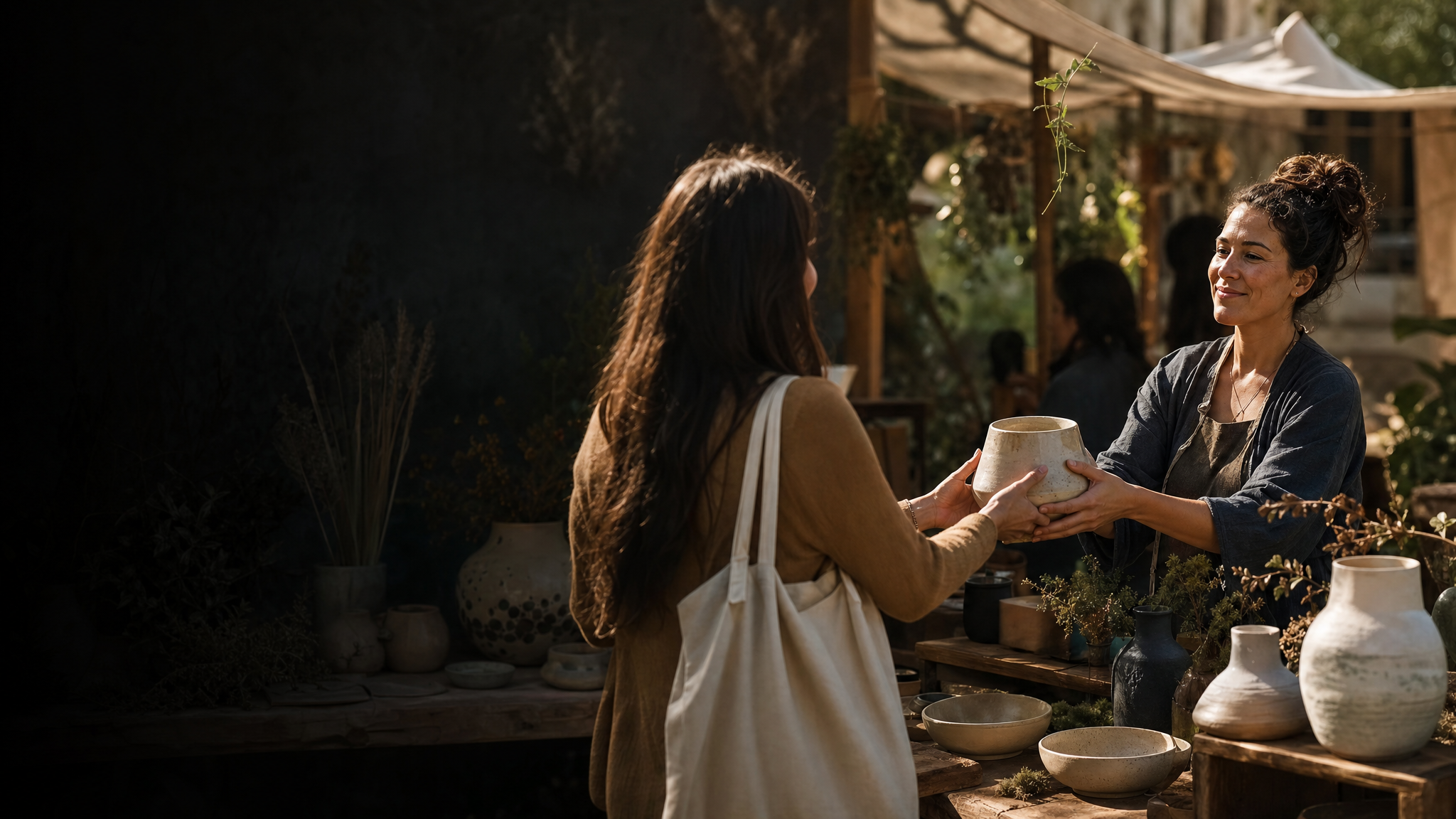 A local maker and customer exchange handmade ceramic goods at a warm regional market.