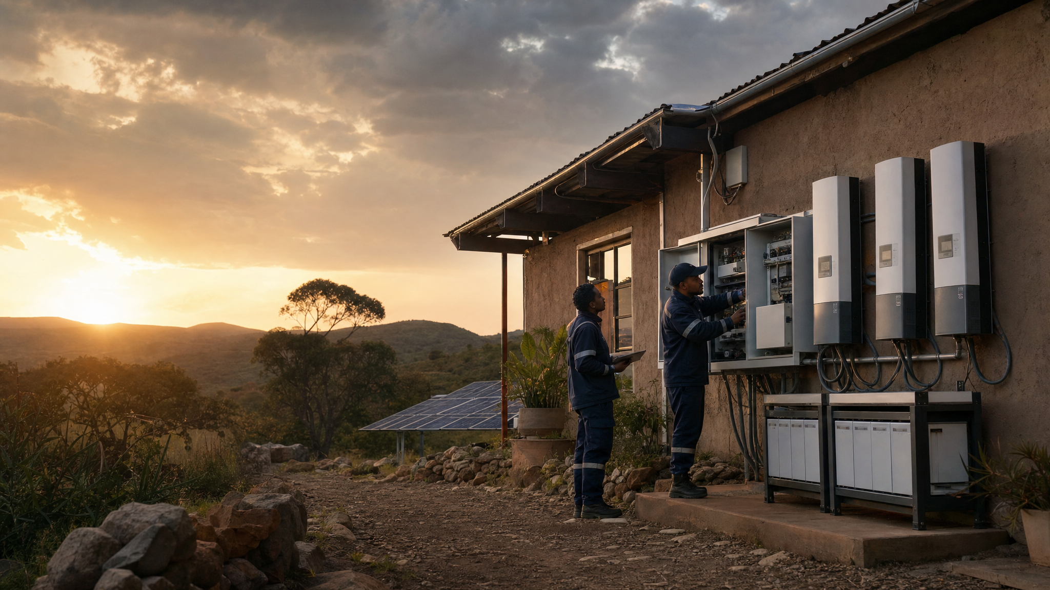 Technicians inspect distributed energy equipment beside a community building at sunset.